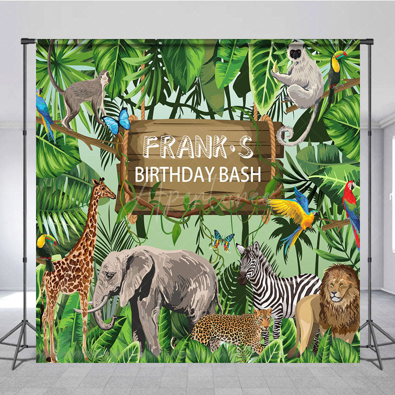 Aperturee - Aperturee Personalized Safari Birthday Bash Backdrop Wild Jungle Animals Theme Custom Name Tropical Party Decor for Boy