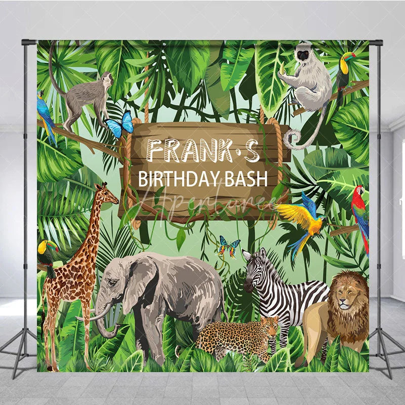 Aperturee - Aperturee Personalized Safari Birthday Bash Backdrop Wild Jungle Animals Theme Custom Name Tropical Party Decor for Boy
