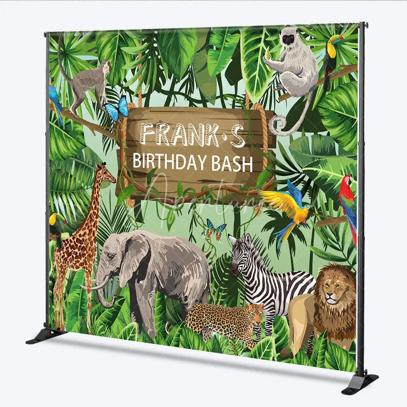 Aperturee - Aperturee Personalized Safari Birthday Bash Backdrop Wild Jungle Animals Theme Custom Name Tropical Party Decor for Boy