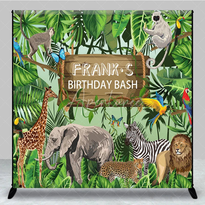 Aperturee - Aperturee Personalized Safari Birthday Bash Backdrop Wild Jungle Animals Theme Custom Name Tropical Party Decor for Boy