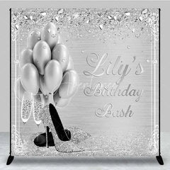 Aperturee - Aperturee Personalized Silver Balloon Custom Birthday Backdrop Diamonds High Heels Women Party Photography Background