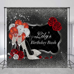 Aperturee - Aperturee Personalized Silver Glitter Birthday Bash Backdrop Custom Name Red Rose and High Heel Party Banner