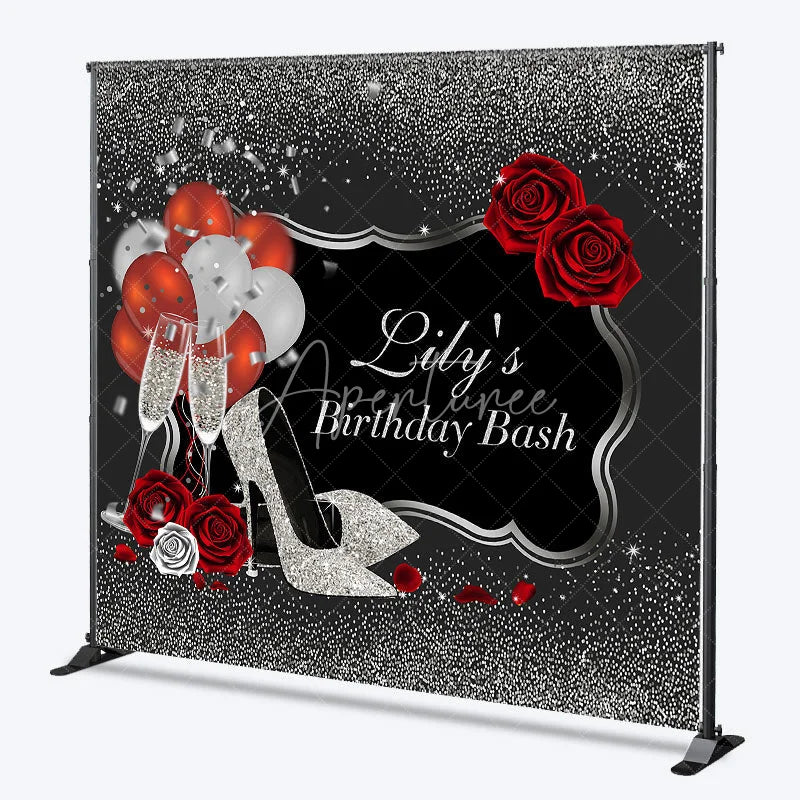 Aperturee - Aperturee Personalized Silver Glitter Birthday Bash Backdrop Custom Name Red Rose and High Heel Party Banner