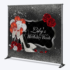 Aperturee - Aperturee Personalized Silver Glitter Birthday Bash Backdrop Custom Name Red Rose and High Heel Party Banner