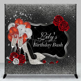 Aperturee - Aperturee Personalized Silver Glitter Birthday Bash Backdrop Custom Name Red Rose and High Heel Party Banner