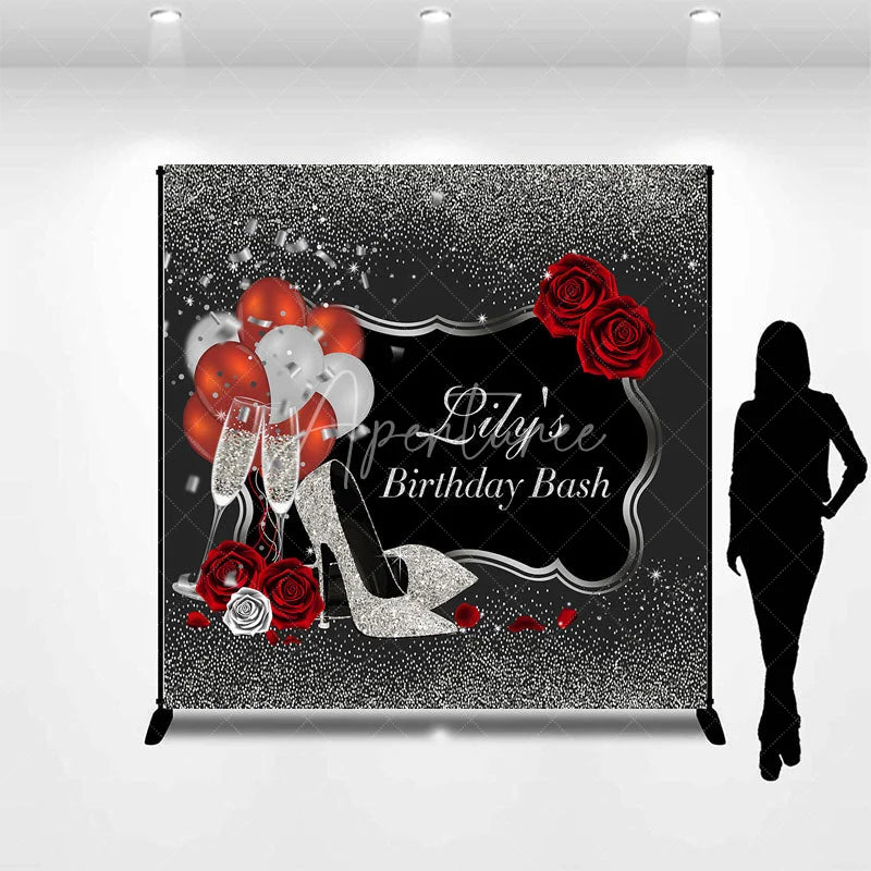 Aperturee - Aperturee Personalized Silver Glitter Birthday Bash Backdrop Custom Name Red Rose and High Heel Party Banner