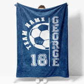 Aperturee - Aperturee Personalized Soccer Name Blanket Custom Team Number Sports Gift Blue Football Blanket for Boy Player
