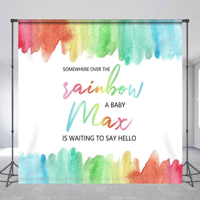 Aperturee - Aperturee Personalized Somewhere Over the Rainbow Baby Shower Backdrop Watercolor Pastel Rainbow Party Decor