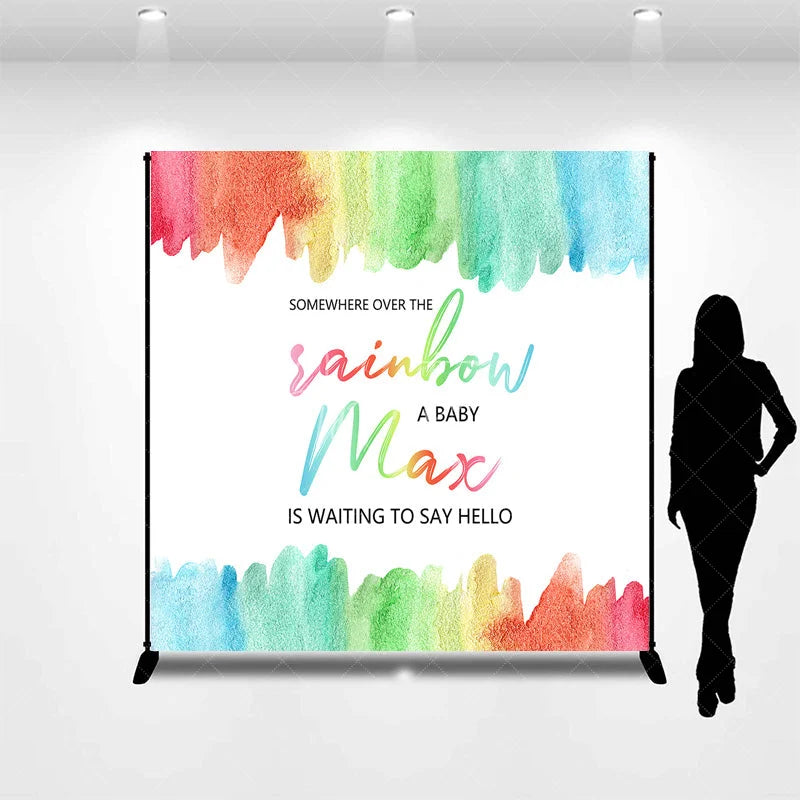 Aperturee - Aperturee Personalized Somewhere Over the Rainbow Baby Shower Backdrop Watercolor Pastel Rainbow Party Decor