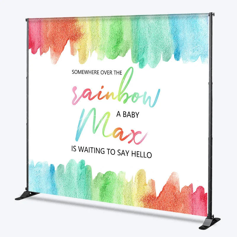 Aperturee - Aperturee Personalized Somewhere Over the Rainbow Baby Shower Backdrop Watercolor Pastel Rainbow Party Decor