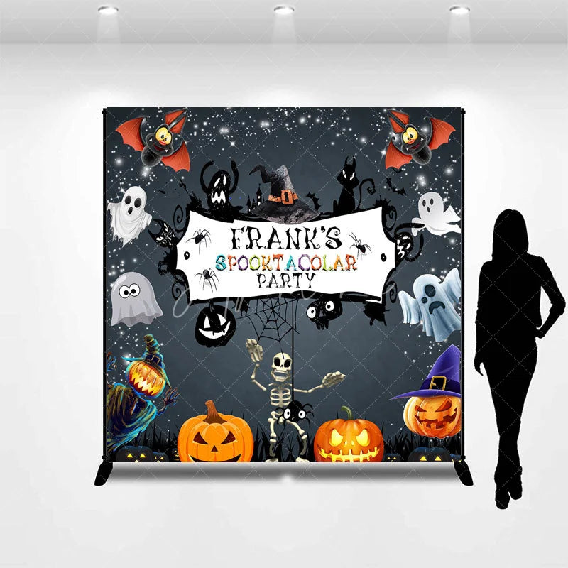 Aperturee - Aperturee Personalized Spooktacular Halloween Party Backdrop Cute Ghost Skeleton and Pumpkins Custom Name Kids Decor