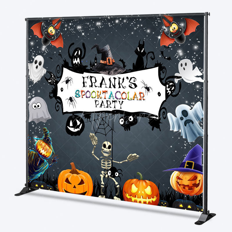 Aperturee - Aperturee Personalized Spooktacular Halloween Party Backdrop Cute Ghost Skeleton and Pumpkins Custom Name Kids Decor