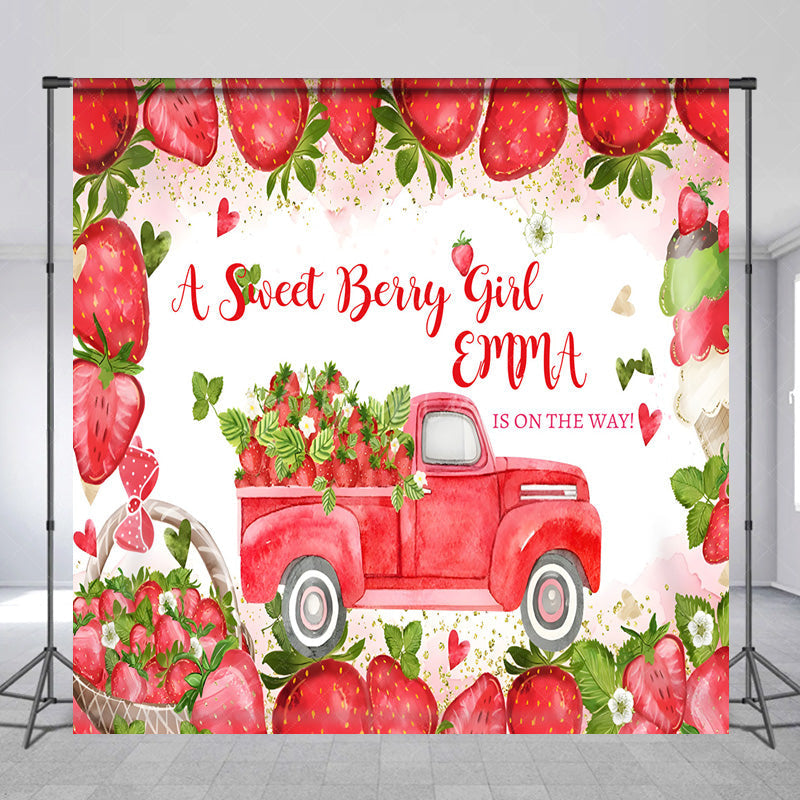 Aperturee - Aperturee Personalized Strawberry Baby Shower Backdrop A Berry Sweet Girl is on the Way Theme Red Truck Summer Party Decor
