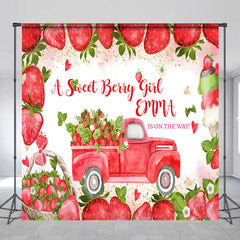 Aperturee - Aperturee Personalized Strawberry Baby Shower Backdrop A Berry Sweet Girl is on the Way Theme Red Truck Summer Party Decor