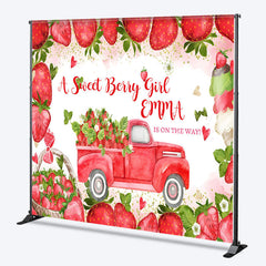 Aperturee - Aperturee Personalized Strawberry Baby Shower Backdrop A Berry Sweet Girl is on the Way Theme Red Truck Summer Party Decor