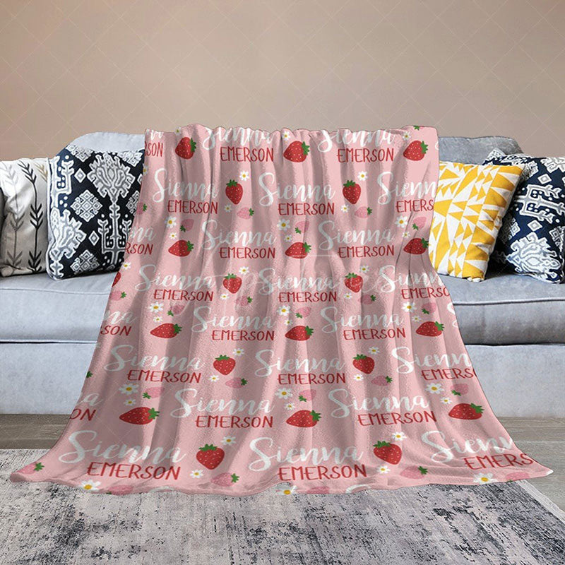Aperturee - Aperturee Personalized Strawberry Blanket with Custom Name Berry Sweet Fruit Theme for Baby Girl Nursery Decor Gift