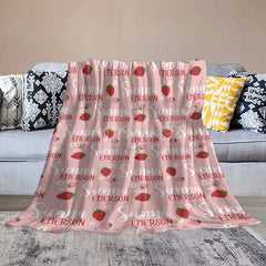 Aperturee - Aperturee Personalized Strawberry Blanket with Custom Name Berry Sweet Fruit Theme for Baby Girl Nursery Decor Gift