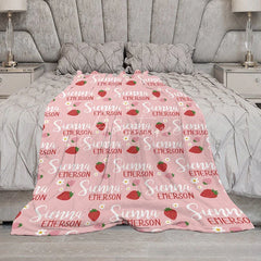 Aperturee - Aperturee Personalized Strawberry Blanket with Custom Name Berry Sweet Fruit Theme for Baby Girl Nursery Decor Gift