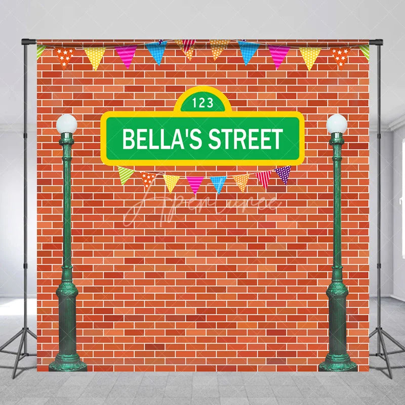 Aperturee - Aperturee Personalized Street Sign Birthday Backdrop Kids TV Show Inspired Brick Wall Custom Name Party Photo Booth Decor