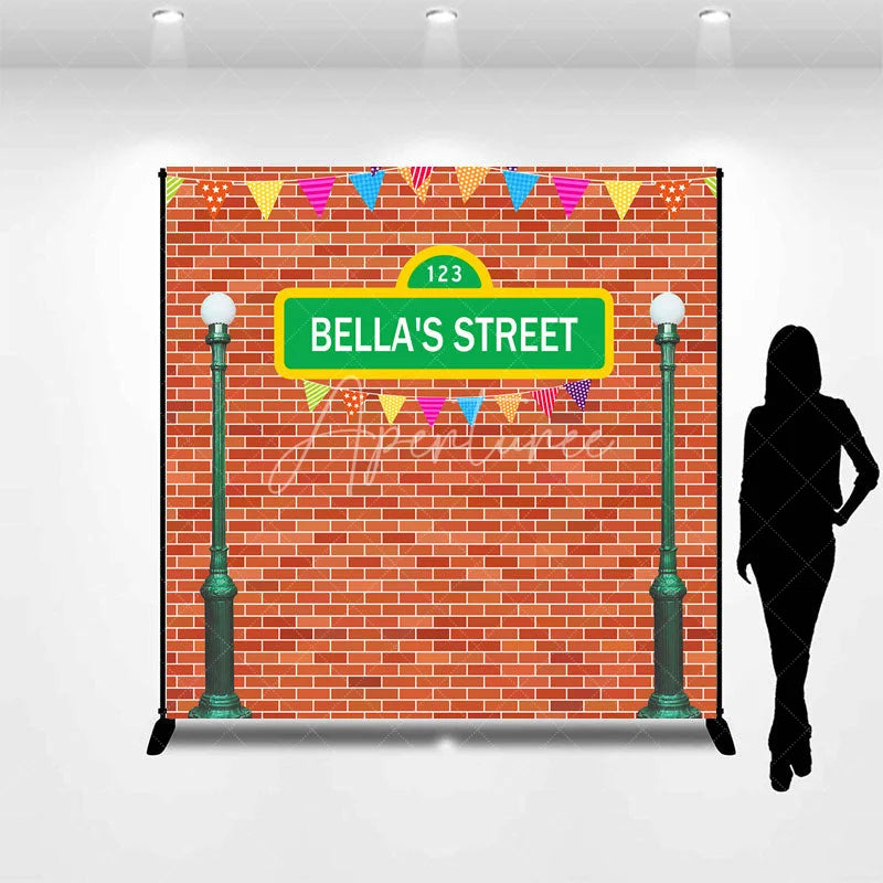 Aperturee - Aperturee Personalized Street Sign Birthday Backdrop Kids TV Show Inspired Brick Wall Custom Name Party Photo Booth Decor