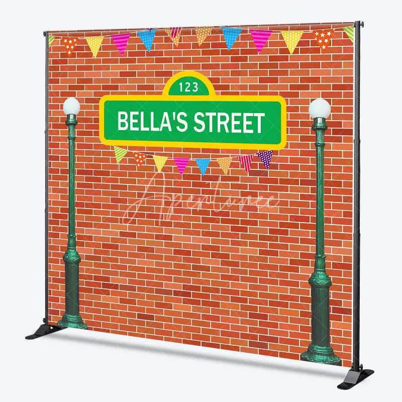 Aperturee - Aperturee Personalized Street Sign Birthday Backdrop Kids TV Show Inspired Brick Wall Custom Name Party Photo Booth Decor