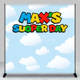 Aperturee - Aperturee Personalized Super Day Birthday Backdrop Custom Name Video Game Theme Blue Sky and Clouds Banner