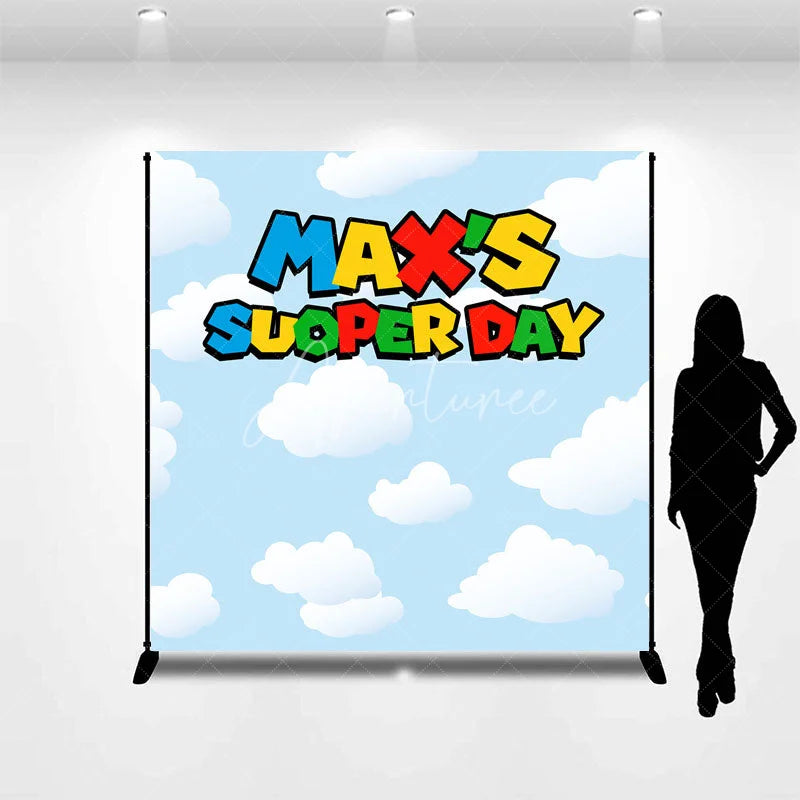 Aperturee - Aperturee Personalized Super Day Birthday Backdrop Custom Name Video Game Theme Blue Sky and Clouds Banner