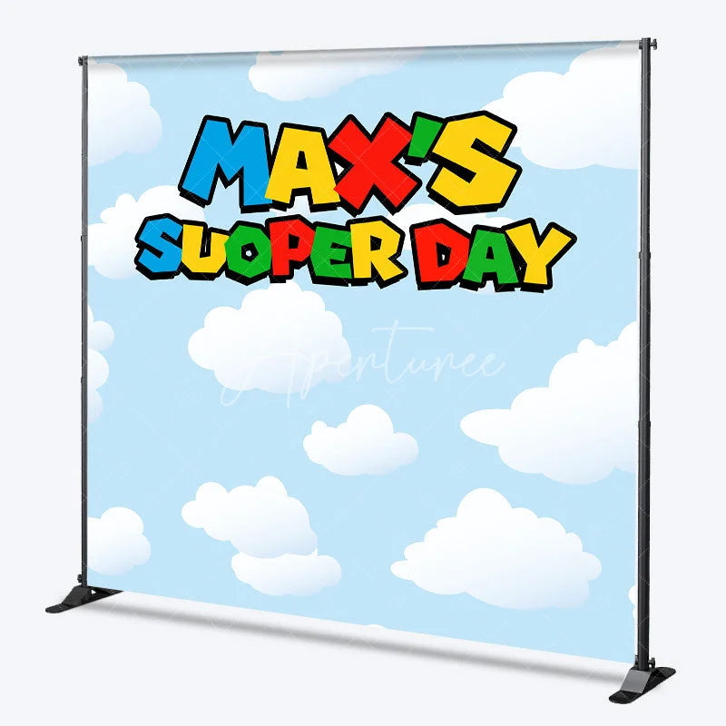 Aperturee - Aperturee Personalized Super Day Birthday Backdrop Custom Name Video Game Theme Blue Sky and Clouds Banner