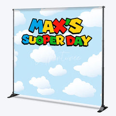 Aperturee - Aperturee Personalized Super Day Birthday Backdrop Custom Name Video Game Theme Blue Sky and Clouds Banner