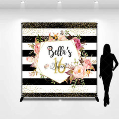 Aperturee - Aperturee Personalized Sweet 16 Birthday Backdrop Black and White Stripes with Pink Floral Custom Name Party Photo Booth