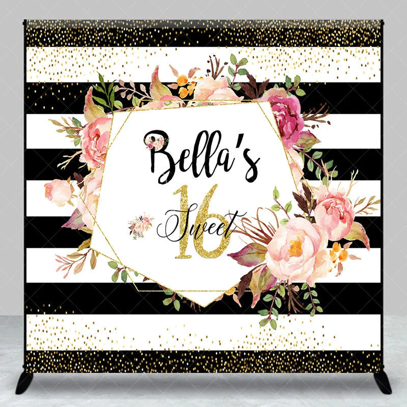 Aperturee - Aperturee Personalized Sweet 16 Birthday Backdrop Black and White Stripes with Pink Floral Custom Name Party Photo Booth
