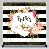 Aperturee - Aperturee Personalized Sweet 16 Birthday Backdrop Black and White Stripes with Pink Floral Custom Name Party Photo Booth