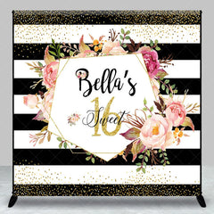 Aperturee - Aperturee Personalized Sweet 16 Birthday Backdrop Black and White Stripes with Pink Floral Custom Name Party Photo Booth