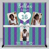 Aperturee - Aperturee Personalized Sweet 16 Birthday Photo Backdrop Custom Name Purple and Green Striped Party Banner
