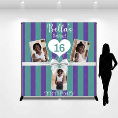 Aperturee - Aperturee Personalized Sweet 16 Birthday Photo Backdrop Custom Name Purple and Green Striped Party Banner