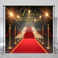 Aperturee - Aperturee Personalized Sweet 16 Custom Birthday Backdrop Red Carpet Hollywood Glamour and Gold Glitter Decoration