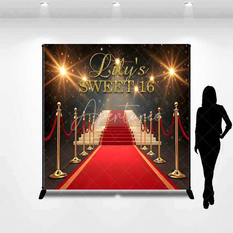 Aperturee - Aperturee Personalized Sweet 16 Custom Birthday Backdrop Red Carpet Hollywood Glamour and Gold Glitter Decoration