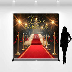 Aperturee - Aperturee Personalized Sweet 16 Custom Birthday Backdrop Red Carpet Hollywood Glamour and Gold Glitter Decoration
