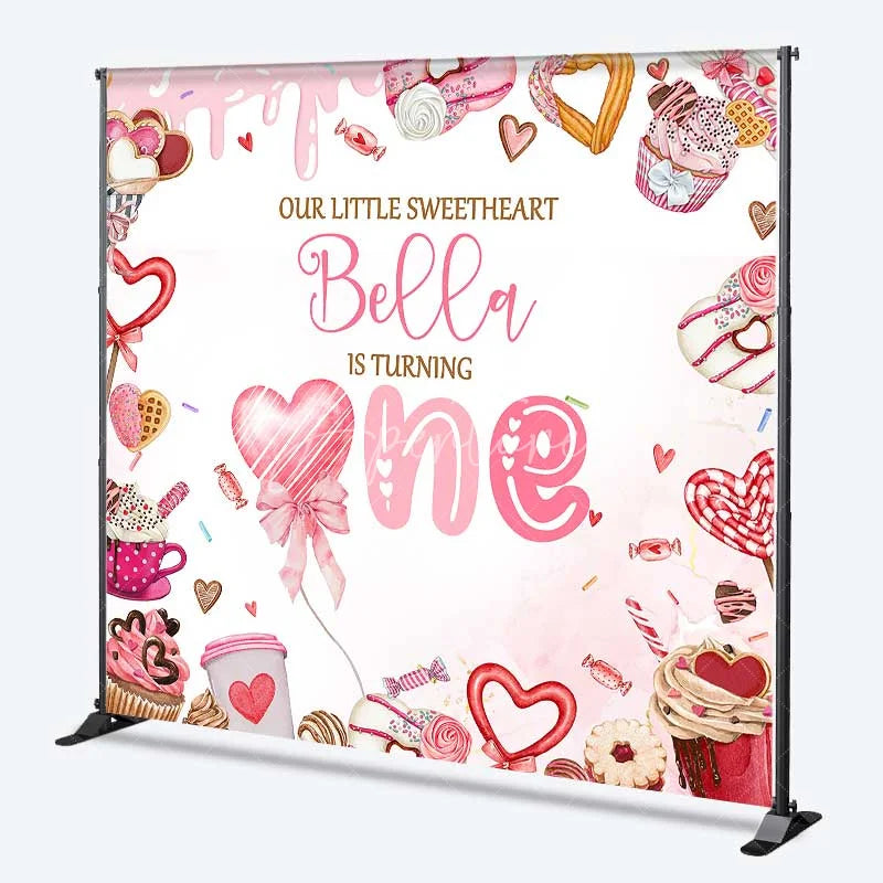 Aperturee - Aperturee Personalized Sweet One Birthday Backdrop Donuts and Cupcakes Sweetheart 1st Birthday Party Decoration