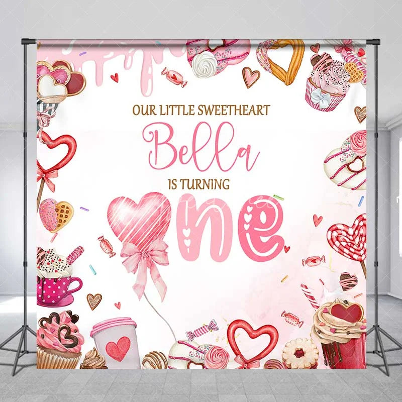 Aperturee - Aperturee Personalized Sweet One Birthday Backdrop Donuts and Cupcakes Sweetheart 1st Birthday Party Decoration