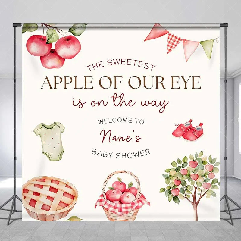 Aperturee - Aperturee Personalized Sweetest Apple of Our Eye Baby Shower Backdrop Red Apple Tree and Pie Party Decoration