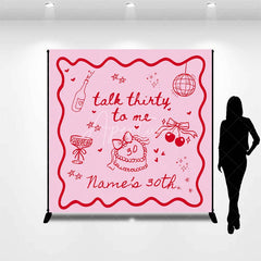 Aperturee - Aperturee Personalized Talk Thirty to Me 30th Birthday Backdrop Red Doodles and Cherries on Pink Background Custom Name Party