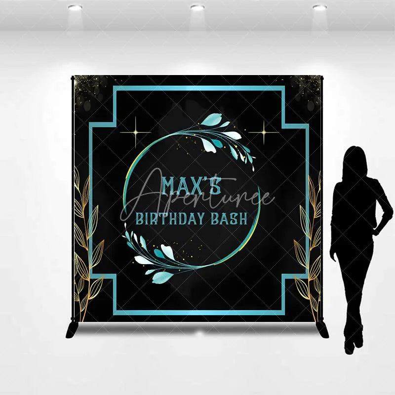 Aperturee - Aperturee Personalized Teal Floral Custom Birthday Backdrop Gold Frame Black Elegant Party Photography Background