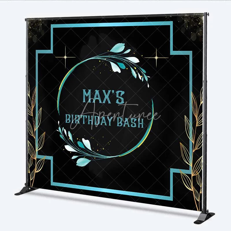 Aperturee - Aperturee Personalized Teal Floral Custom Birthday Backdrop Gold Frame Black Elegant Party Photography Background