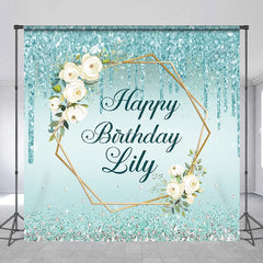 Aperturee - Aperturee Personalized Teal Glitter Happy Birthday Custom Backdrop Elegant Gold Geometric Frame with White Roses Decor