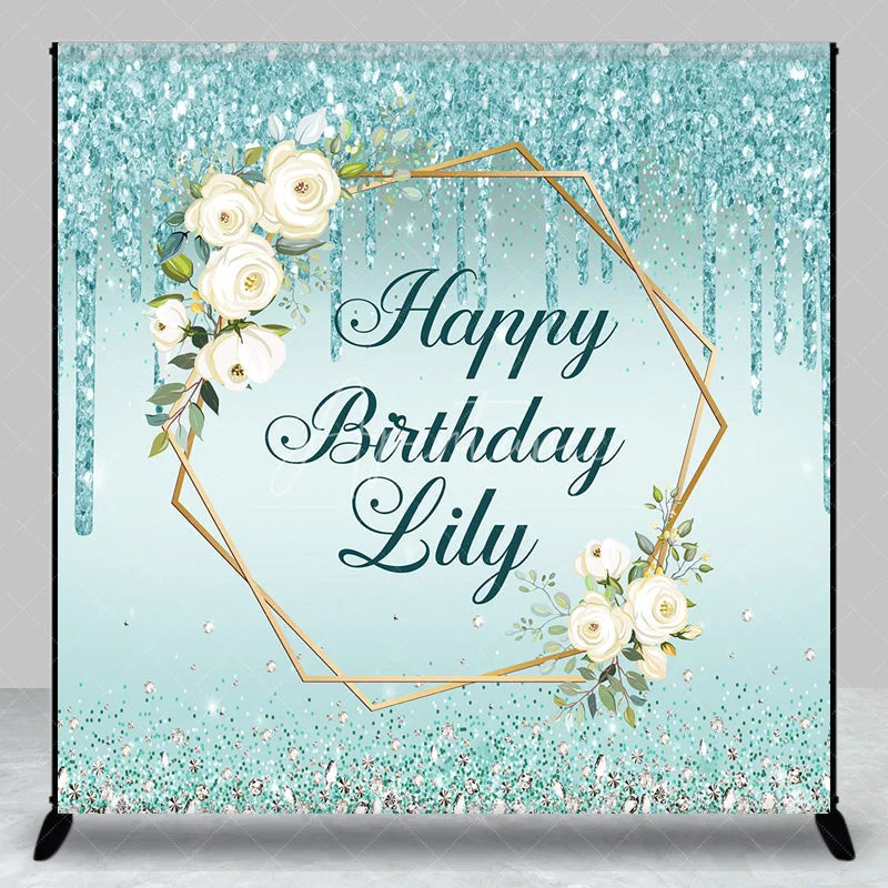 Aperturee - Aperturee Personalized Teal Glitter Happy Birthday Custom Backdrop Elegant Gold Geometric Frame with White Roses Decor