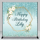 Aperturee - Aperturee Personalized Teal Glitter Happy Birthday Custom Backdrop Elegant Gold Geometric Frame with White Roses Decor