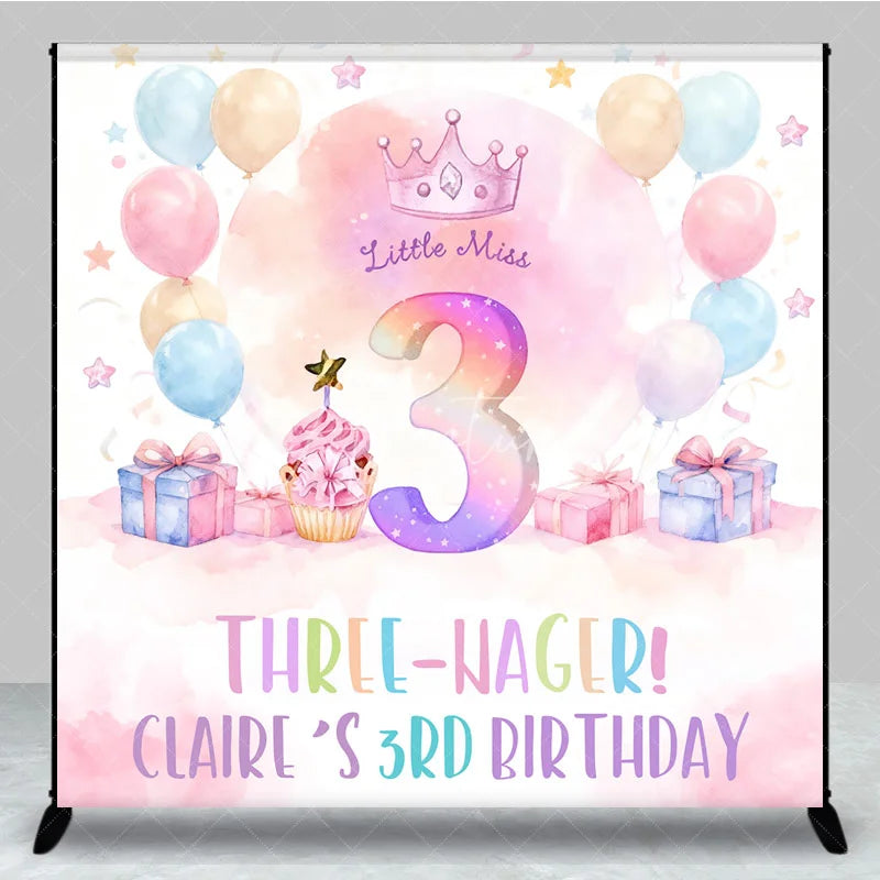 Aperturee - Aperturee Personalized Three-nager 3rd Birthday Backdrop Little Miss Three with Pastel Balloons Custom Name Party Decor