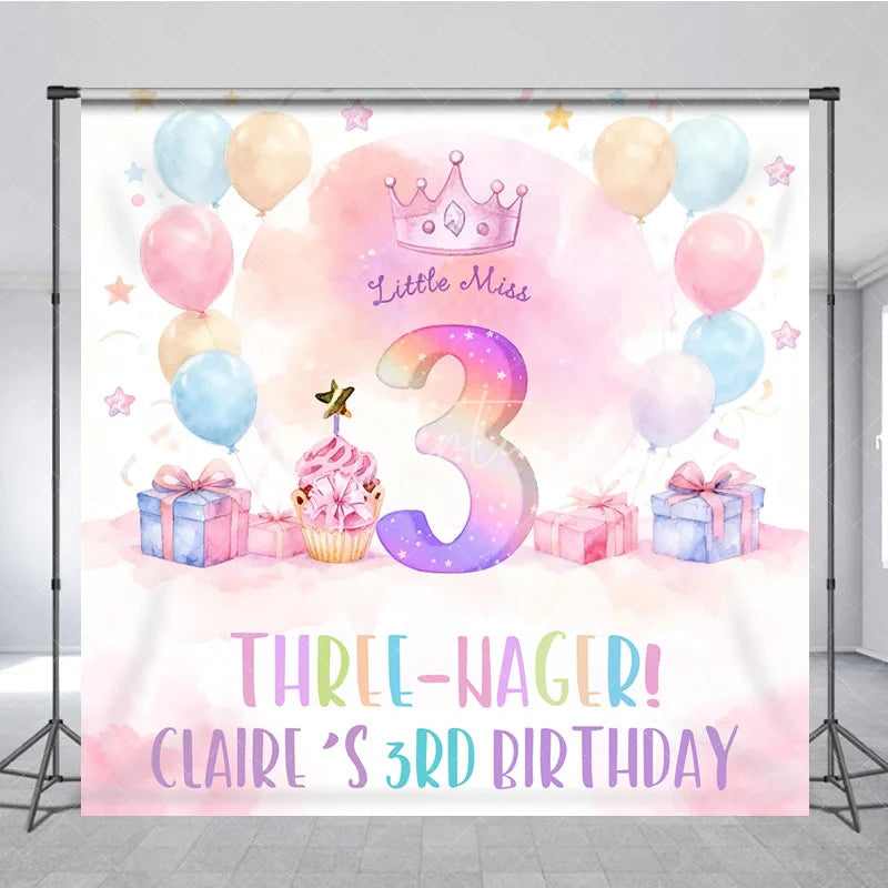 Aperturee - Aperturee Personalized Three-nager 3rd Birthday Backdrop Little Miss Three with Pastel Balloons Custom Name Party Decor