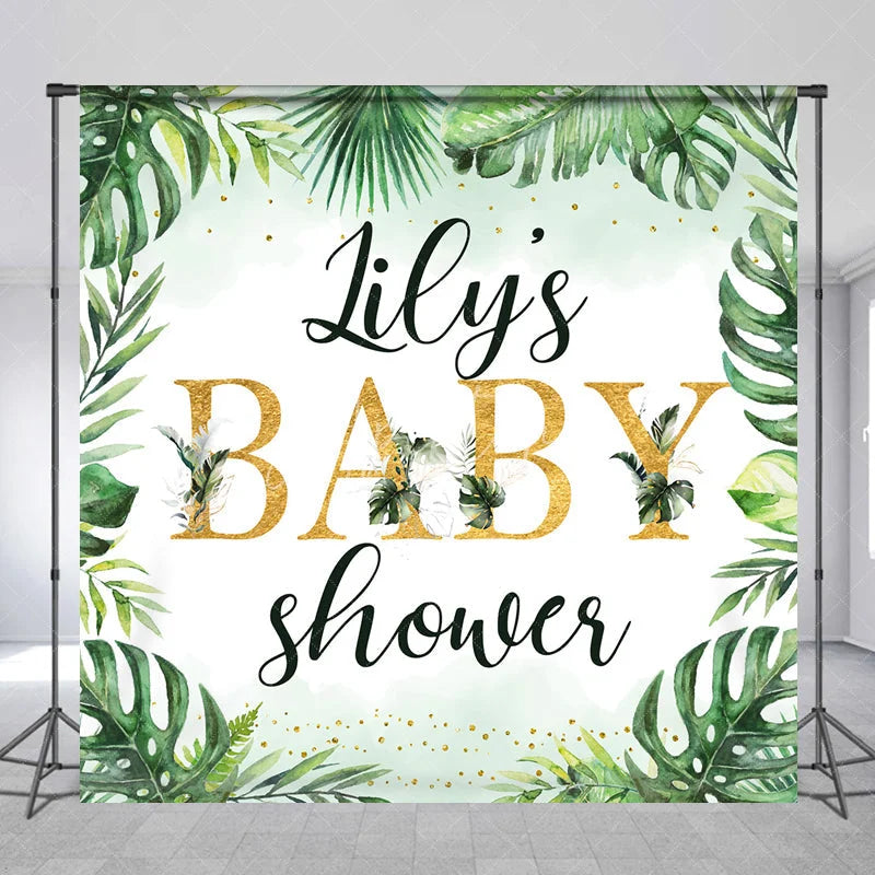 Aperturee - Aperturee Personalized Tropical Baby Shower Backdrop Wild Jungle with Greenery and Gold Custom Name Safari Party Decor